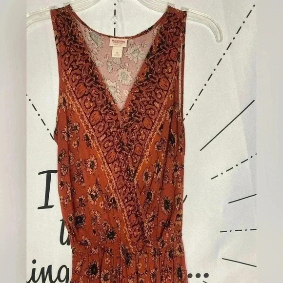 Mossimo Gauze Rust Burnt Orange Sunflower Summer Boho Romper w/ pockets - Picture 4 of 9